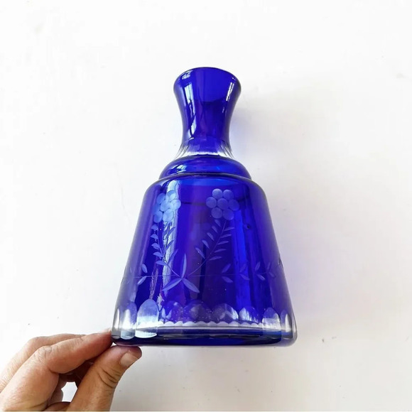 Bohemian Glass Cobalt Blue Cut to Clear Crystal Water Decanter Flask Vase No Cup - Picture 10 of 10